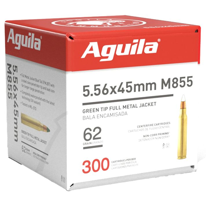Aguila 1E556125 Green Tip M855 5.56x45mm NATO 62gr Full Metal Jacket Boat Tail 300 Per Box/4 Case