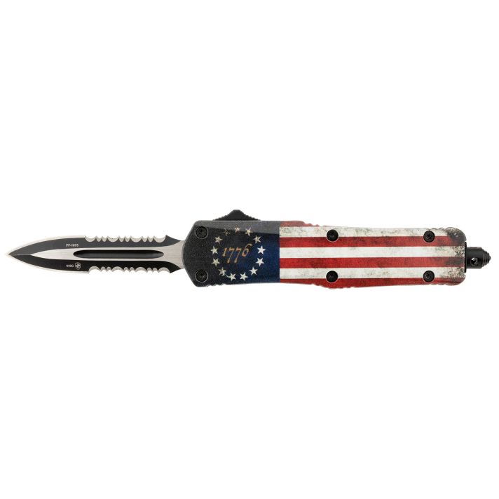 Templar Knife SBRF431 Gen II Betsy Ross Flag Small 2.75" OTF Dagger Part Serrated 440C SS Blade, 4.25" Betsy Ross Flag Aluminum Handle, Glass Breaker