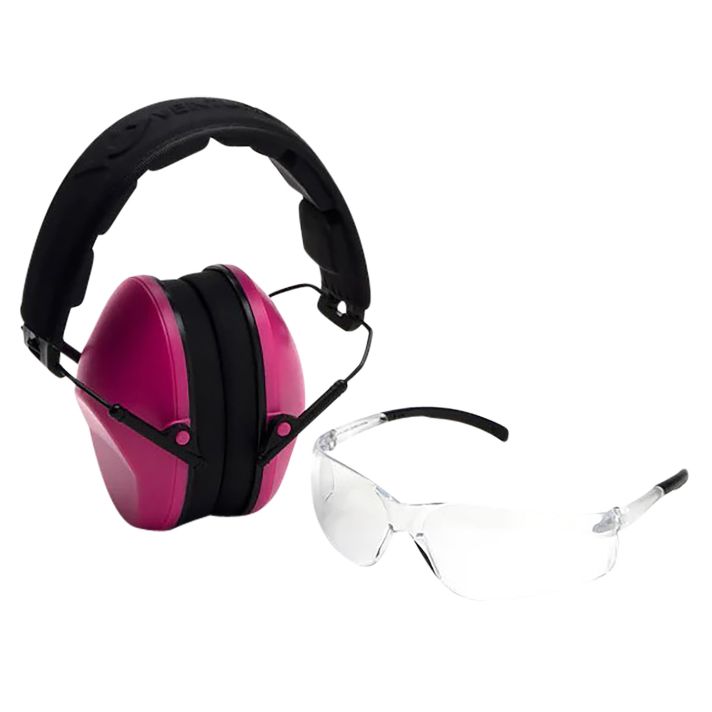 Pyramex VGCOMBO210 Low-Profile Combo KitScratch Resistant Clear Lens & Frame with Rubber Temple Tips Pink Low-Profile Earmuffs