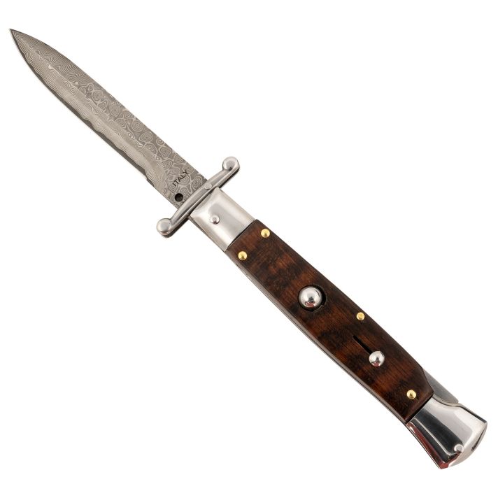 Steel River Knives SGSWRDAM Spartan3.9" Italian Bayonet Damascus 5.1" Snakewood Buffalo Horn Handle Side Open