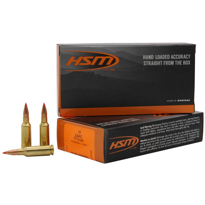 HSM 6ARC1N Centerfire Rifle V-Max 6mm ARC 75 gr Jacket Hollow Point 20 Per Box/ 25 Case