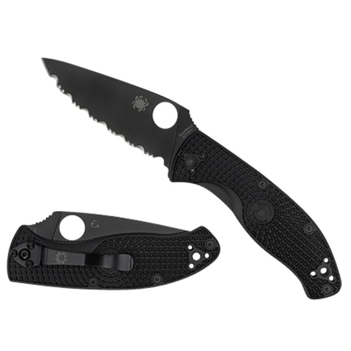 Spyderco C122PSBBK Tenacious Lightweight 3.39" Folding Part Serrated Black Oxide 8Cr13MoV SS Blade/Black Bi-Directional Texturing FRN Handle Includes Pocket Clip