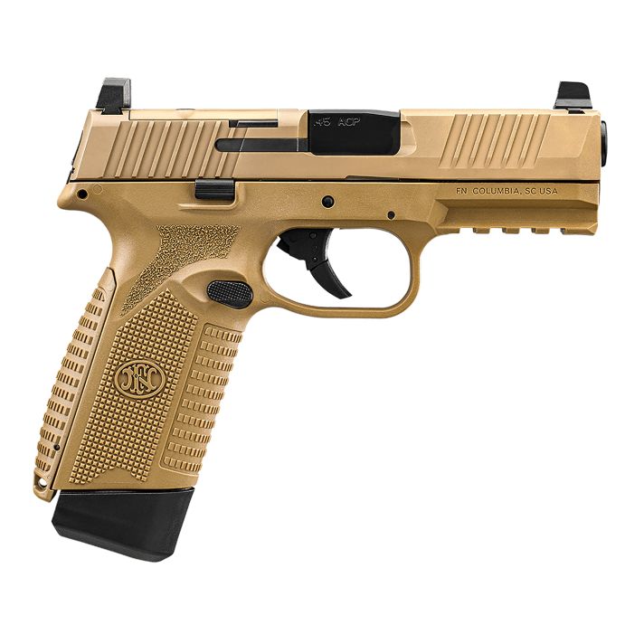 FN 66101388 545 MRD Full Size 45 ACP 15+1, 4.10" Black Target Crown Steel Barrel, Flat Dark Earth PVD Optic Cut/Serrated Steel Slide & Polymer Frame w/Picatinny Rail, Ambidextrous