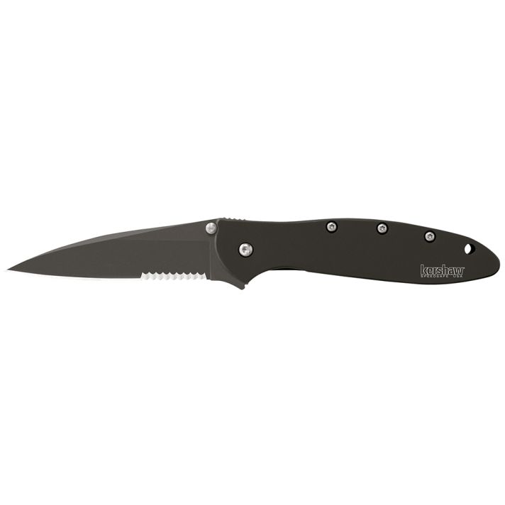 Kershaw 1660CKTST Leek3" Folding Modified Drop Point Part Serrated Black DLC 14C28N Steel Blade Black DLC 410 Stainless Steel Handle Includes Pocket Clip