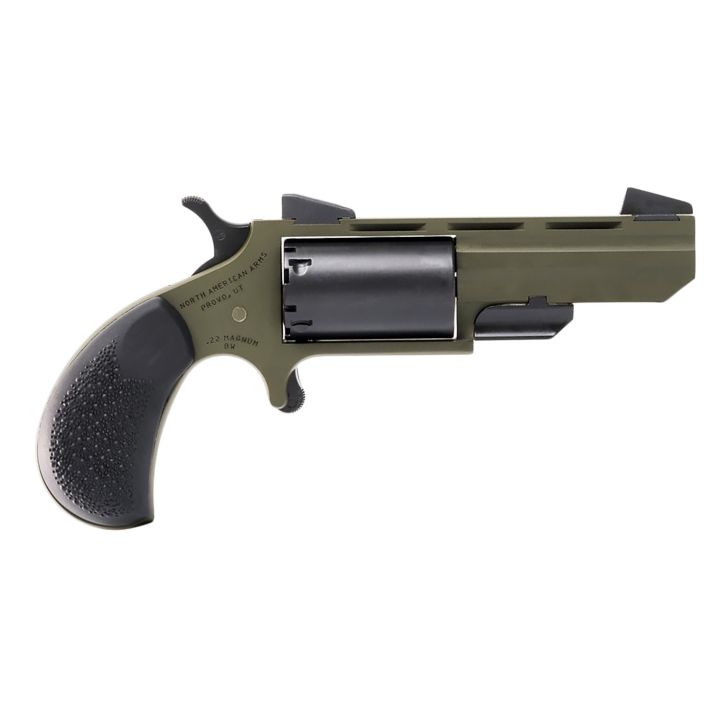 North American Arms TGHM Huntsman22 Mag 5 Shot 2", OD Green Frame/Barrel, Black Cylinder, Camo Grips, Fixed Marble Arms Sights, Includes Black Leather Holster