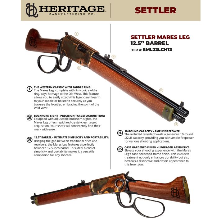 Heritage Mfg SML22LCH12 Settler Mare's Leg 22 LR 10+1 12
