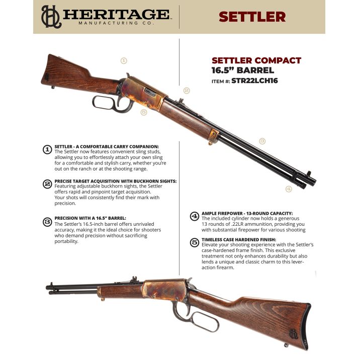 Heritage Mfg STR22LCH16 Settler Compact 22 LR 13+1 16.50" Black Oxide Barrel, Color Case Hardened Rec, Light Stained Walnut Furniture, Buckhorn Sights