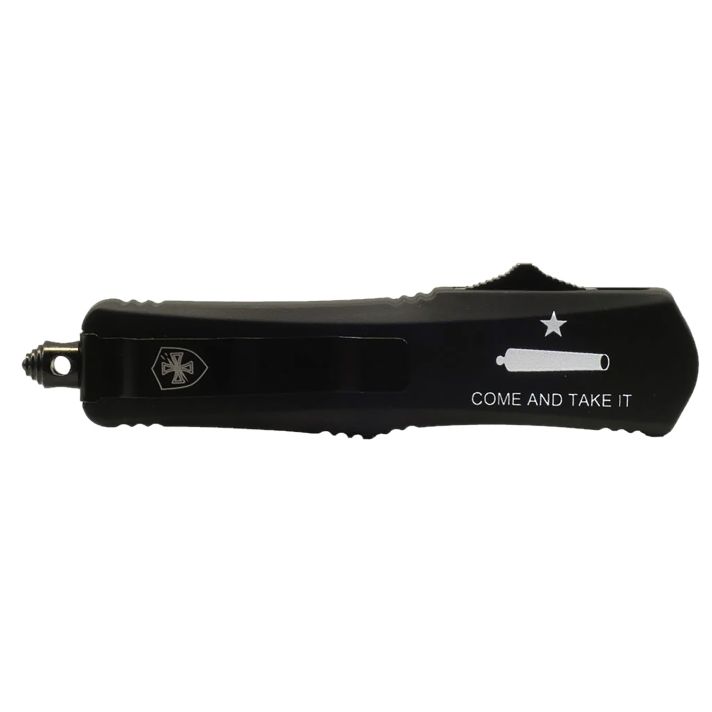 Templar Knife LCATII531 Gen II Come And Take It Small 2.69" OTF Tanto Part Serrated Black Oxide 440C SS Blade, 4.31" Black "Come And Take It" w/Cannon Aluminum Handle, Glass Breaker
