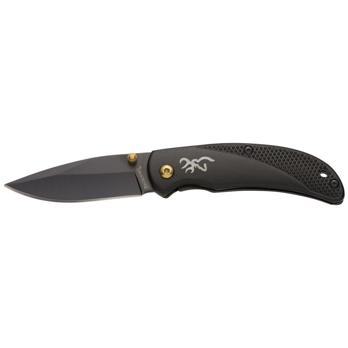 Browning 3220340 Prism 3EDC Folding 2.38" Plain Black Oxide 7Cr17MoV SS Blade, Black w/Brass Accents & Logo Anodized Aluminum Handle, Includes Pocket Clip