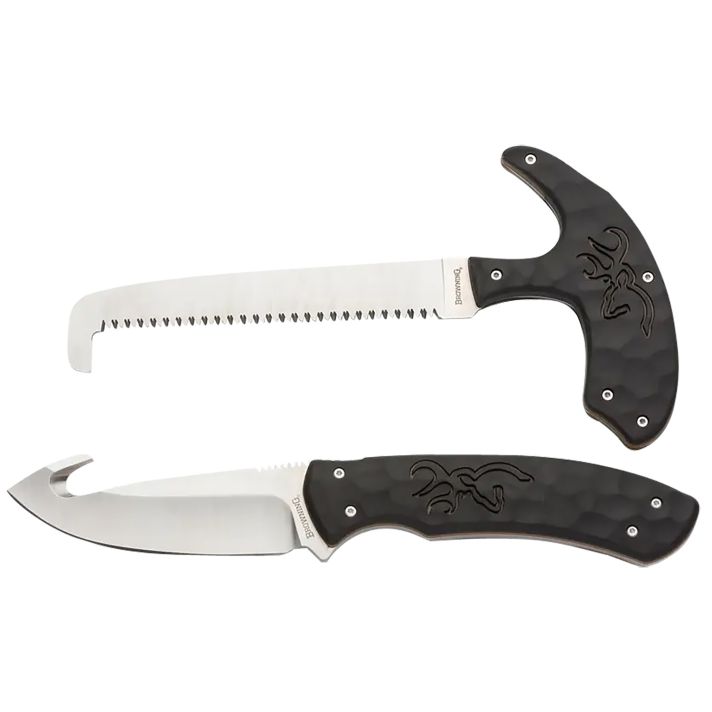 Browning 3220420 Primal Combo3.75"/5.25" Fixed Drop Point Gut Hook/Skinner, Saw 8Cr13MoV SS Blade, Black Polymer w/Rubber Overmold & Finger Grooves Handle, 2 Piece Set, Includes Sheath