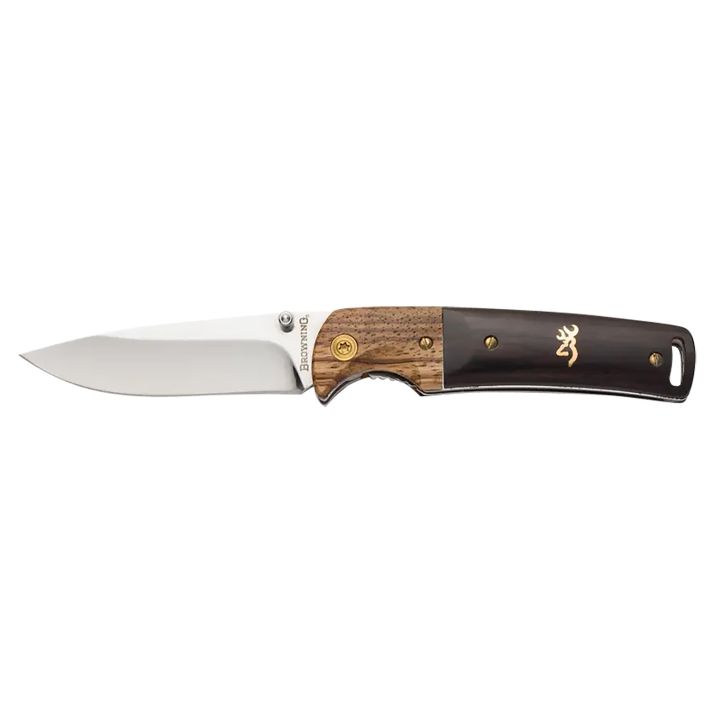 Browning 3220231 Buckmark Hunter EDC 3" Folding Drop Point, Plain Mirror Polished 8Cr14MoV SS Blade, Black/Natural Finger Grooved w/Brass Accents Hardwood Handle, Includes Pocket Clip