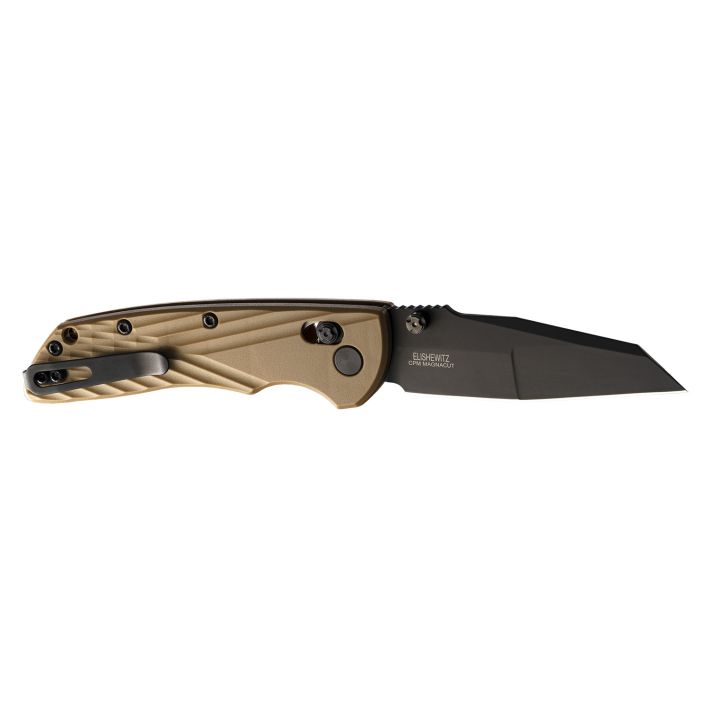 HogueDeka3.25" Folding Wharncliffe Plain Black Cerakote CPM MagnaCut SS Blade, FDE Crosshatch Textured GRN Handle, Includes Pocket Clip
