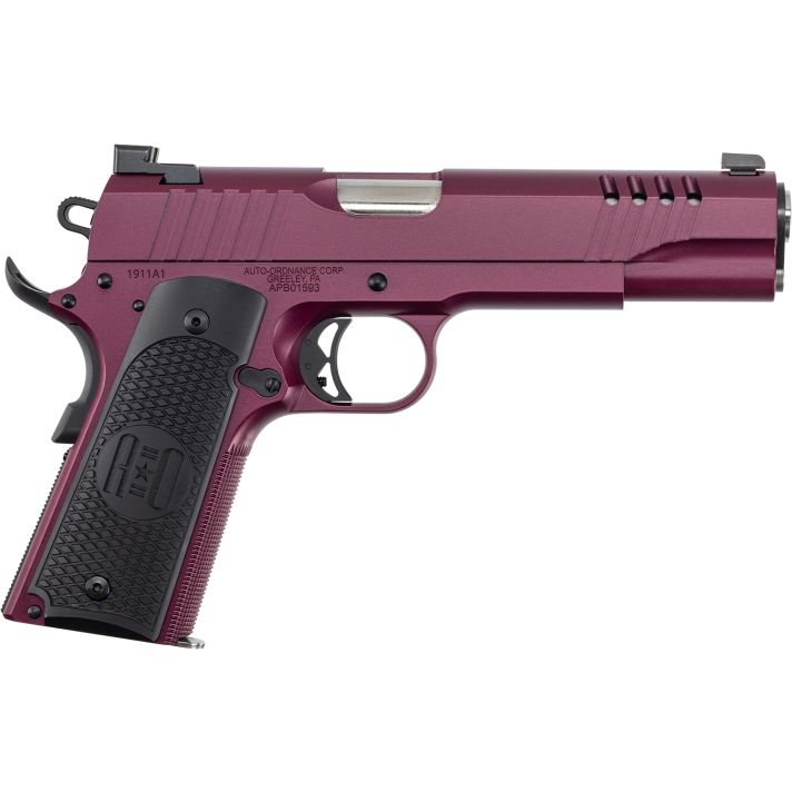 Auto-Ordnance 1911TCAC9 191145 ACP 7+1 5" Stainless Steel Barrel, Serrated Stainless Steel Slide, Black Cherry Cerakote Steel Frame w/Beavertail, Armor Black Cerakote Engraved Aluminum Grip