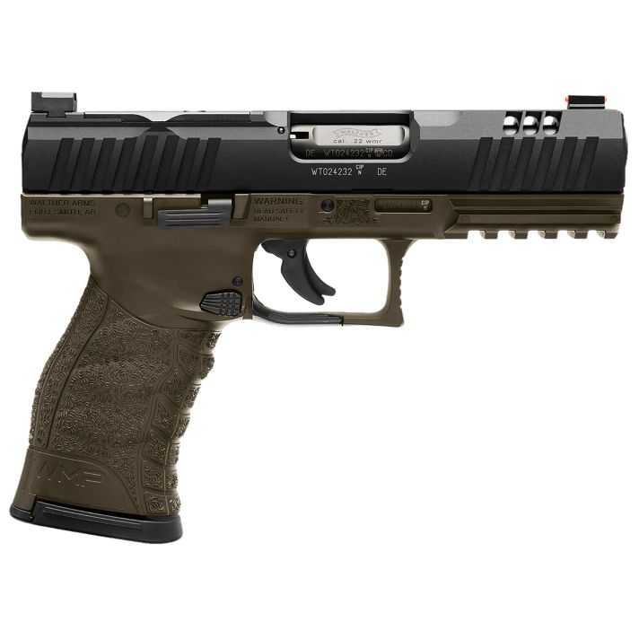 Walther Arms 5220307 WMPFull Size Frame 22 WMR 15+1 4.50" Black Steel Barrel, Black Optic Ready/Serrated Slide, OD Green Polymer Frame w/Picatinny Rail, Textured Polymer Grip