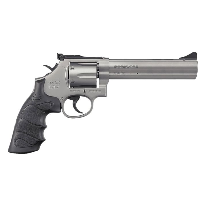 SAR USA SARSR38ST6 SAR SR38 Special/357 Mag 6 Shot, 6" Stainless Steel Barrel, Cylinder & Frame w/Black Finger Groove Grip, Drop Safety/Hammer Block Safety, Exposed Hammer
