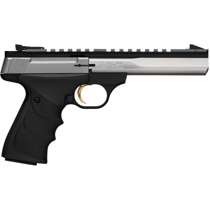 Browning 051507490 Buck Mark Contour 22 LR 10+1, 5.50" Polished Flats Contoured Barrel, Matte Stainless Serrated w/Picatinny Rail Slide, Matte Black Anodized Frame, Black URX Grip, Ambidextrous