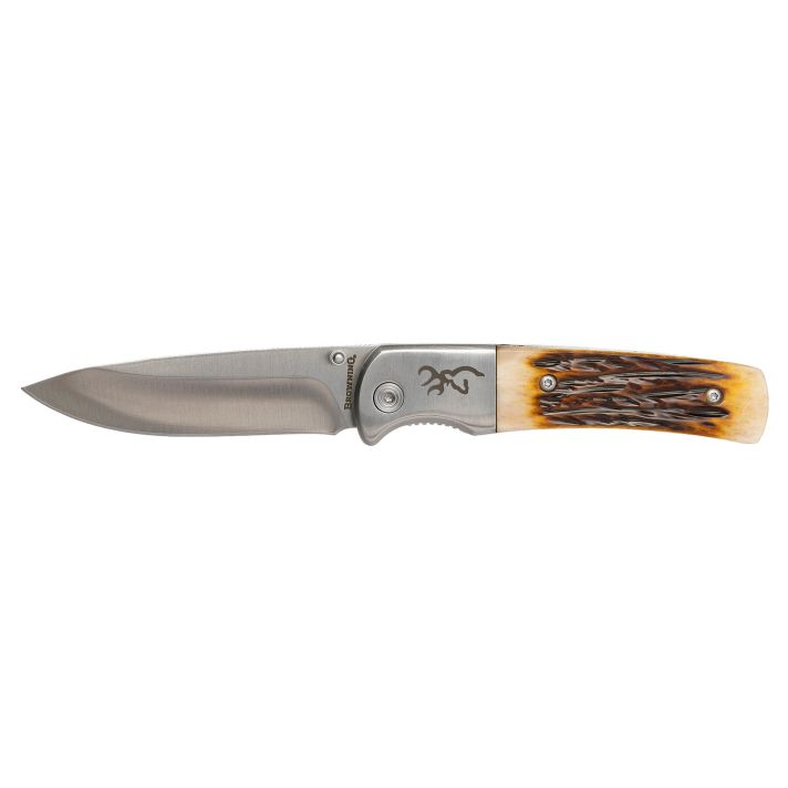 Browning 3220500B Buckmark Hunter 3" Folding Drop Point Plain Stonewashed 8Cr13MoV SS Blade/Jigged Bone Handle Boxed