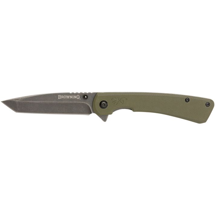 Browning 3220507 Branded RockEDC 3" Folding Tanto Plain Black Stonewashed 7Cr17MoV SS Blade OD Green, G10 Handle