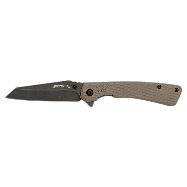 Browning 3220512 Branded RockEDC 3" Folding Wharncliffe Plain Black Stonewashed 7Cr17MoV SS Blade, Flat Dark Earth G10 Handle