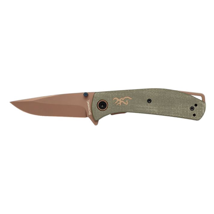 Browning 3220516B TrailsideEDC Small 3" Folding Modified Drop Point Plain Titanium Finish D2 Steel Blade, Green Micarta Handle, Boxed Pkg
