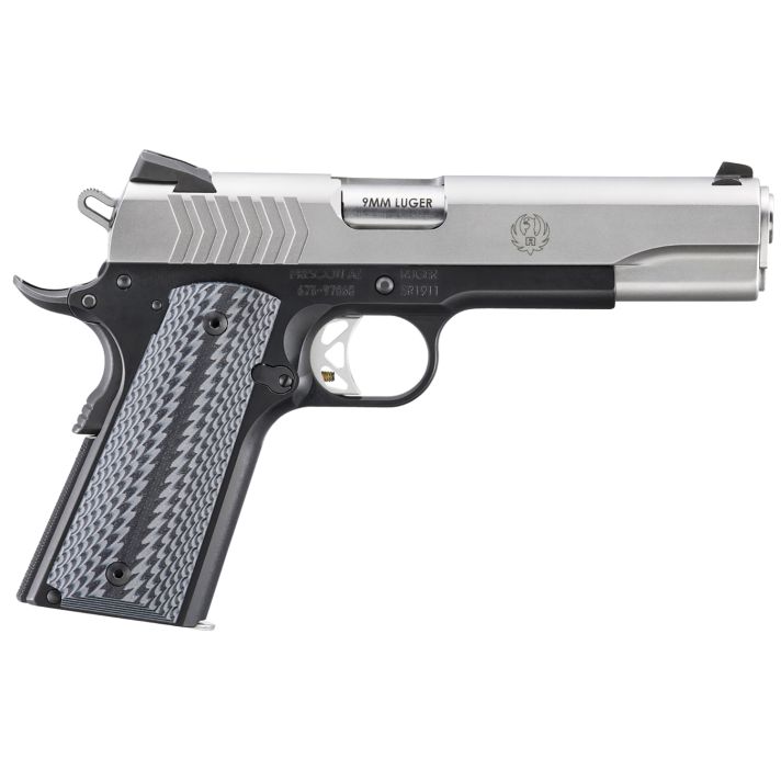 RugerSR1911Full Size 9mm Luger 9+1 5" Stainless Steel Barrel, Satin Stainless Steel Serrated Slide, Black Anodized Aluminum Frame w/Beavertail, Black/Gray G10 Grip