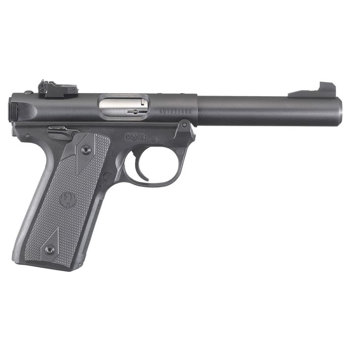 RugerMark IV 22/45 22 LR 10+1, 5.50" Stainless Bull Barrel, Blued Drilled & Tapped Steel Receiver & Polymer Frame,Black Checkered Polymer Grip Ambidextrous