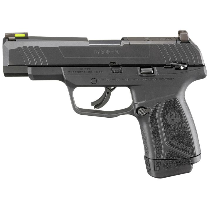RugerMax-9Compact Frame 9mm Luger 12+1, 4" Black Oxide Steel Barrel, Optic Ready/Serrated Steel Slide, Black Polymer Frame Black & Nylon Grip
