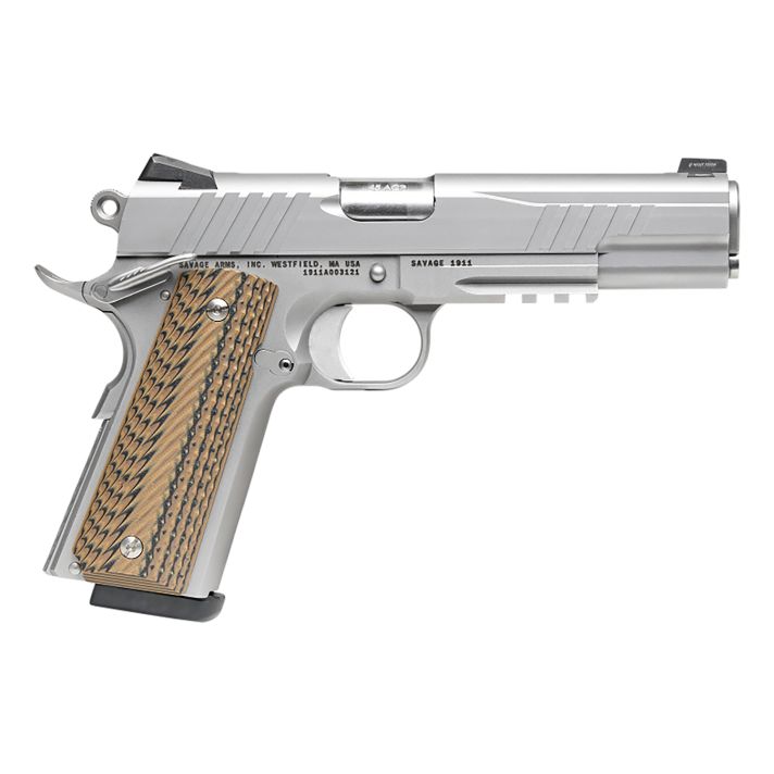 Savage Arms 67209 1911 Government 9mm Luger 10+1 5" Stainless Target Crown Steel Barrel, Serrated Stainless Steel Slide & Frame w/Beavertail & Picatinny Rail, Hyena Brown G10 Grip, Ambidextrous