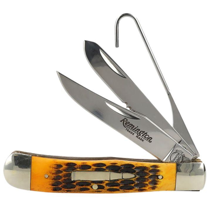 Remington Accessories R15696 Bullet Waterfowler Pocket Folding Clip Point/Gut Hook/Spey Gut Hook/Part Serrated/Plain Polished Carbon Steel Blade, Burnt Dark Amber Jigged Bone Handle