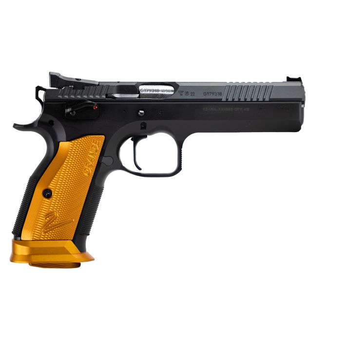 CZ-USA 91265 TS240 S&W 17+1 5.20" Black Bull Barrel, Black Slide, Black Polycoat Frame, Orange Checkered Aluminum Grip
