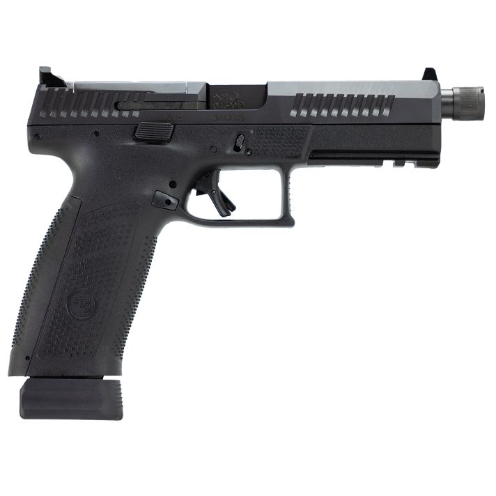 CZ-USA 91556 P-10 F9mm Luger 21+1 5.10" Black Steel Threaded Barrel, Black Nitride Optic Ready/Serrated Steel Slide, Black Polymer Frame w/Picatinny Rail, Ambidextrous