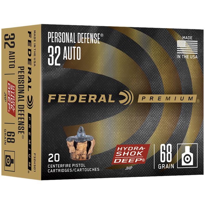 Federal P32HSD1 Hydra-Shok Deep Personal Defense 32ACP 68gr Jacketed Hollow Point 20 Per Box/10 Case