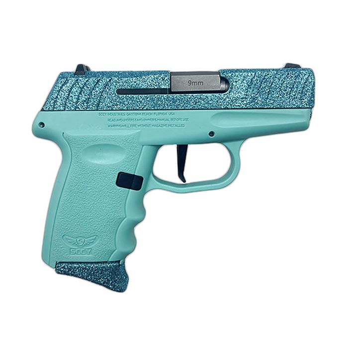 SCCY Industries DVG1CYBSB DVG-1Sub-Compact Frame 9mm Luger 10+1 3.10" Stainless Quadlock Barrel Cystal Blue Glitter Optic Ready/Serrated Stainless Steel Slide, Crystal Blue Polymer Frame & Grip