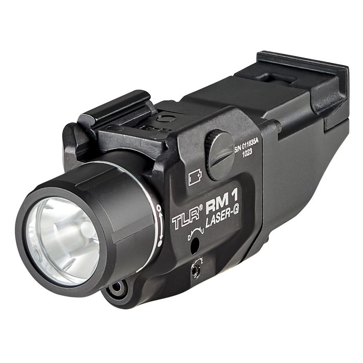 Streamlight 69444 TLR-1 RM w/Laser Black Anodized Aluminum, 500 Lumens White LED Bulb/Green Laser, 210 Meters Beam, Picatinny Rail Mount