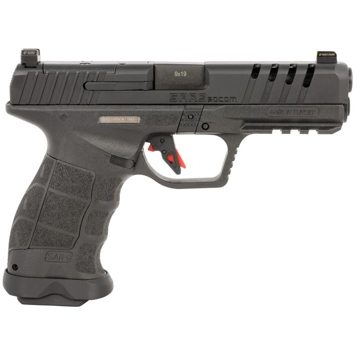 SAR USA SAR9SOCOMBL SAR9 SOCOM 9mm Luger 21+1 5.20" Black Steel Barrel, Black Steel Optic Ready/Ported/Serrated Slide, Black Polymer Frame w/Picatinny Rail, Interchangeable Backstrap Grip, Right Hand
