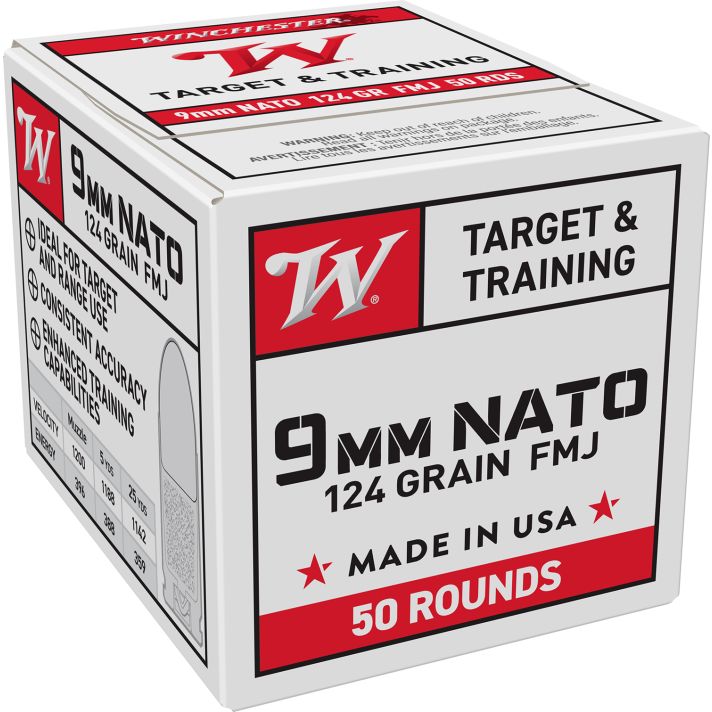 Winchester Ammo W9NATO50 USA9mmNATO 124gr Full Metal Jacket 50 Per Box/20 Case