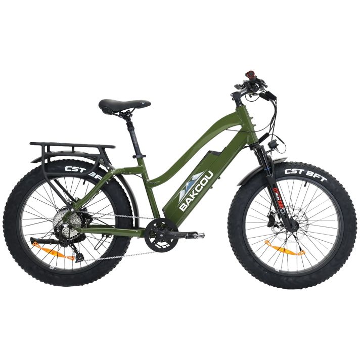 Bakcou E-bikes B-FST24-G-B17 Flatlander ST 24 Gloss Army Green 18" w/Stand Over Height of 26"/Frame Shimano Alivio Hill-Climbing 9 Speed Bafang 750W High-End Rear Hub Motor 25+ mph Speed