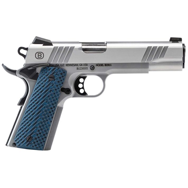 Bersa B19117050SMBL B1911Full Size Frame 45 ACP 8+1 5" Stainless Steel Barrel, Polished Stainless Serrated Steel Slide, Matte Stainless Stainless Steel Frame w/Beavertail, Blue VZ Grip, Ambidextrous