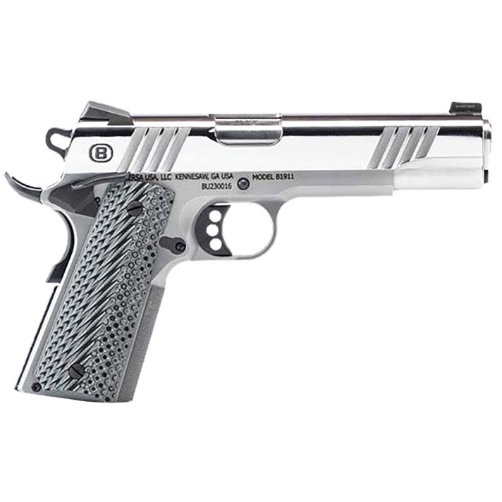 Bersa B19117050PMBG B1911 Mirror Full Size Frame 45 ACP 8+1 5" Stainless Steel Barrel, Polished Stainless Serrated Steel Slide, Stainless Steel Frame w/Beavertail, Gray VZ Grip, Ambidextrous