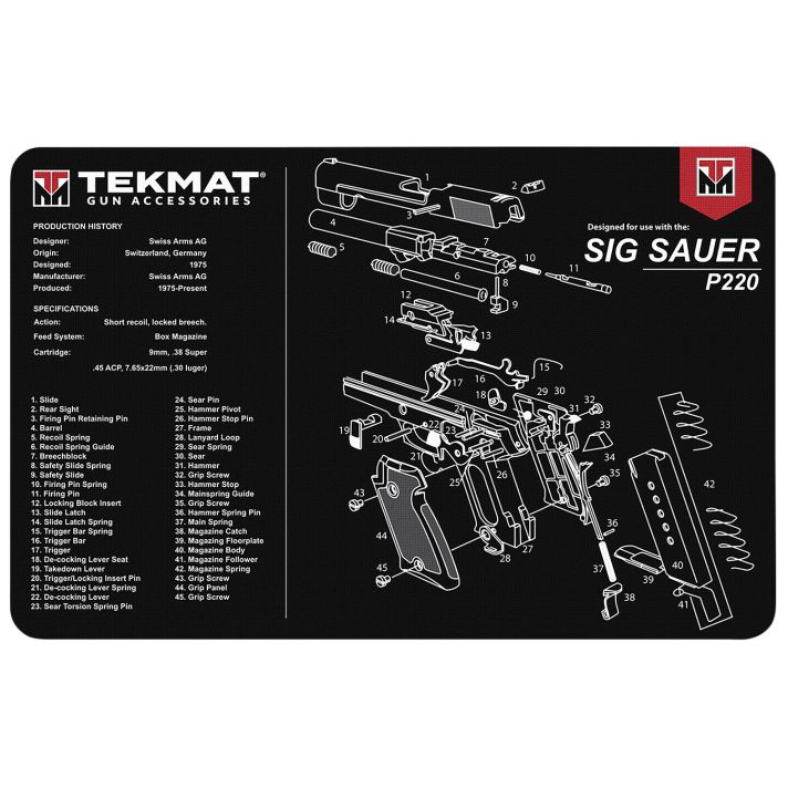 TekMat TEKR17SIGP220 Sig Sauer P220 Cleaning Mat Black/White Rubber 11"x17" Sig Sauer P220 Parts Diagram
