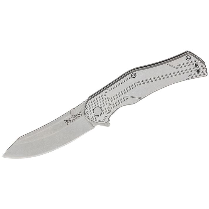 Kershaw 1380X HuskerEDC 3" Folding Trailing Point Plain Bead Blasted 8Cr13MoV SS Blade, Stonewashed Stainless Steel Handle, Clamshell Packaging