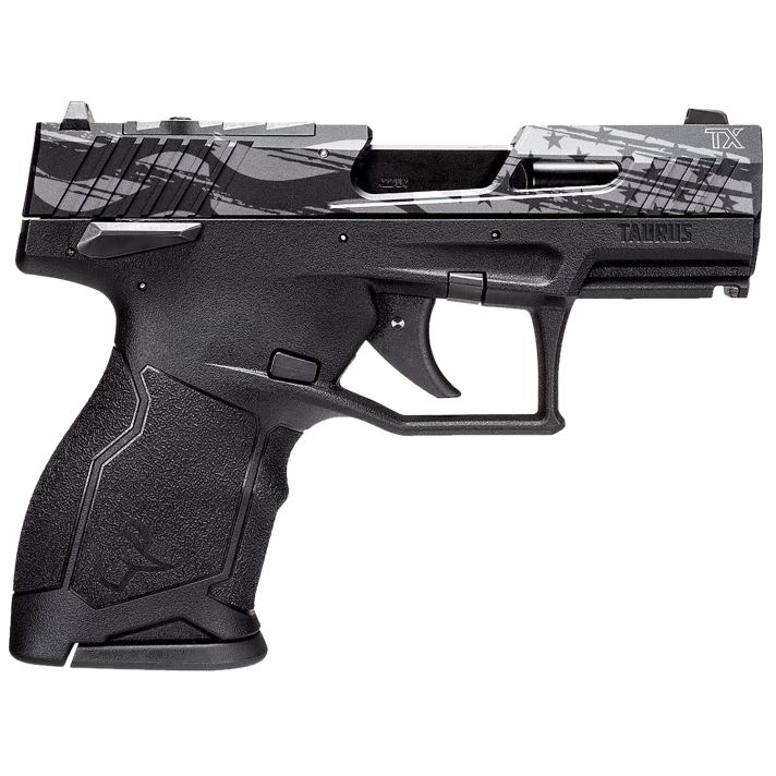 Taurus 1TX2213110US5 TX22C T.O.R.O. Compact Frame 22 LR 10+1 3.60" Matte Black Threaded Barrel, Engraved Distressed USA Flag Optic Ready/Serrated Slide, Black Polymer Frame