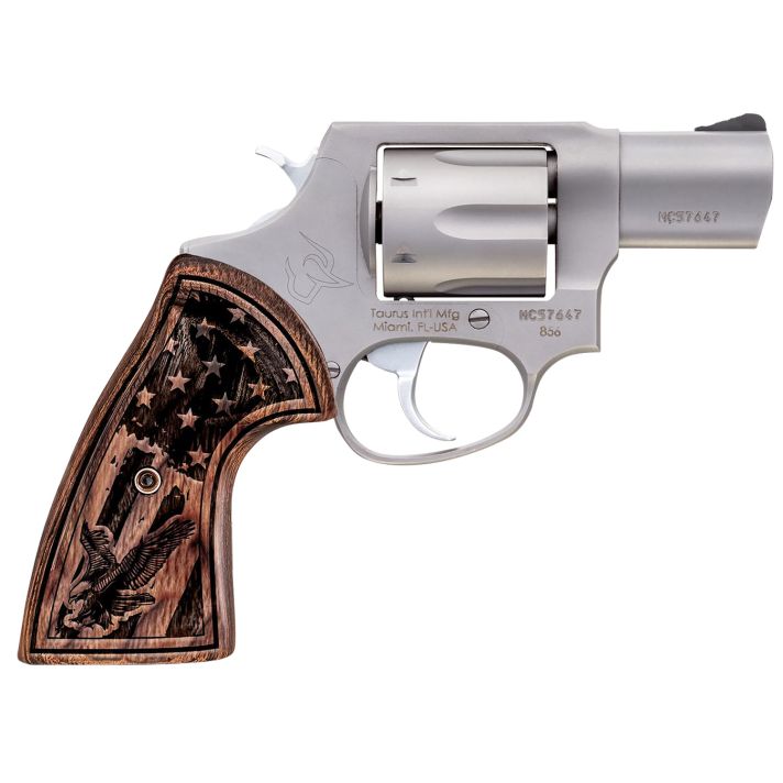 Taurus 285629US1 856Small Frame 38 Special +P 6rd 2" Matte Stainless Steel Barrel, Cylinder & Frame, Engraved USA Flag Walnut Grip, Transfer Bar Safety