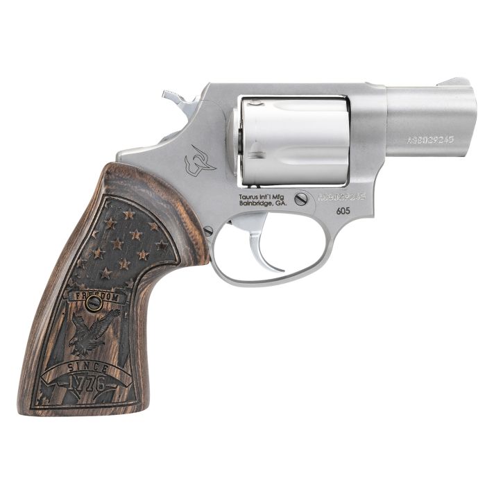 Taurus 2605029US1 605Small Frame 357 Mag/38 Special +P 5rd 2" Matte Stainless Steel Barrel, Cylinder & Frame, Engraved USA Flag Walnut Grip, Transfer Bar Safety