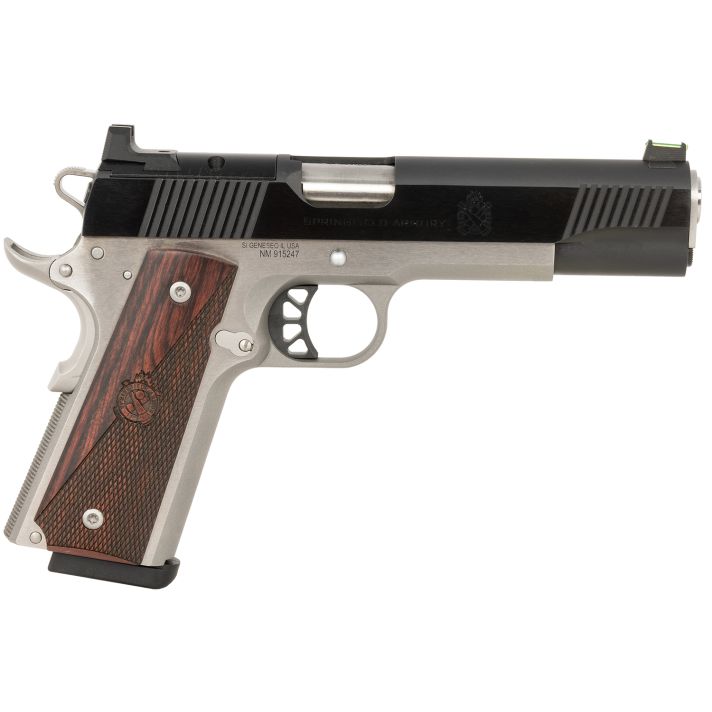 Springfield Armory PX9121LAOS 1911 Ronin 10mm Auto 8+1, 5" Stainless Match Grade Steel Barrel, Blued Serrated Carbon Steel Slide, Stainless Steel Steel Frame w/Beavertail, Crossed Cannon Wood Grip