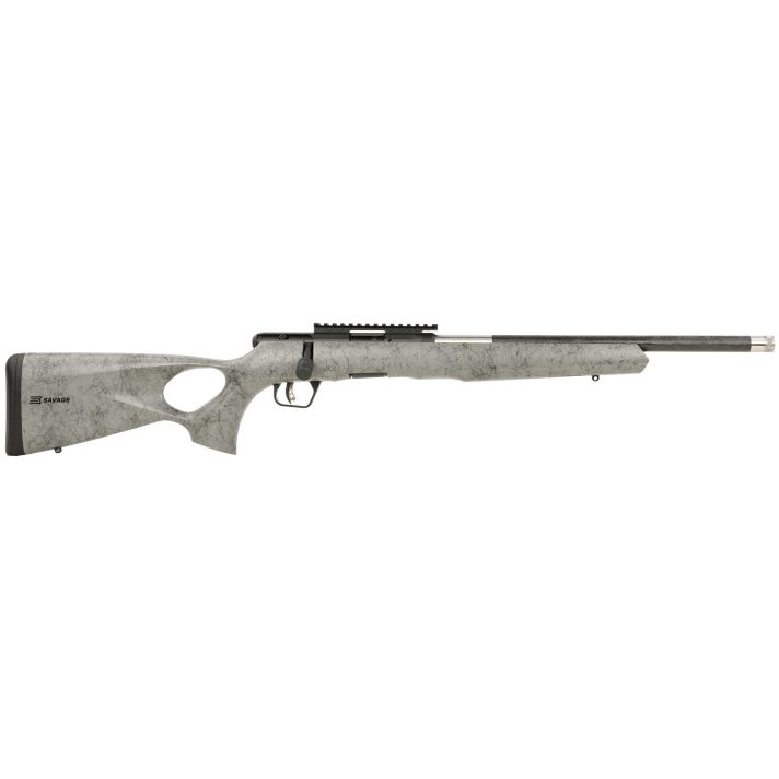 Savage Arms 70818 B Series TimberLite 17 HMR 10+1 18" Black Threaded Carbon Fiber/SS Barrel, Black Picatinny Rail Steel Receiver, Gray w/Black Webbing Synthetic Fixed Thumbhole Stock