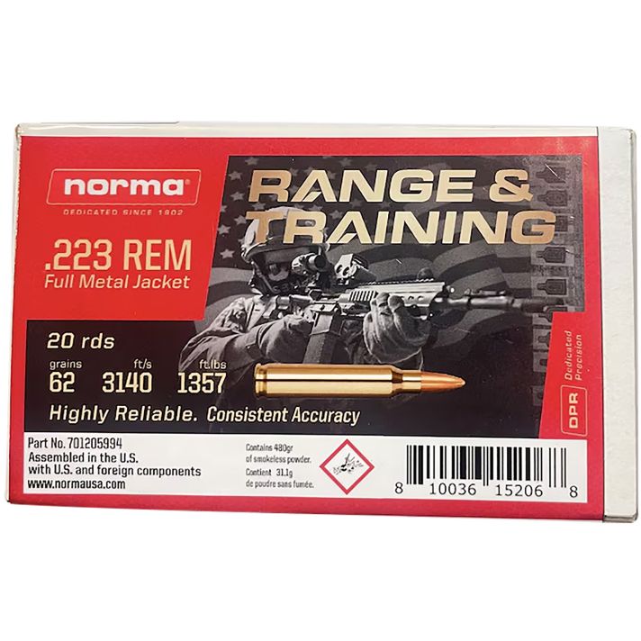 Norma Ammunition 701205994 223Rem 62gr Full Metal Jacket 20 Per Box/10 Case