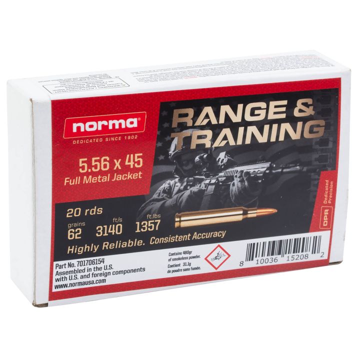 Norma Ammunition 701706154 Range & Training5.56x45mmNATO 62gr Full Metal Jacket 20 Per Box/10 Case