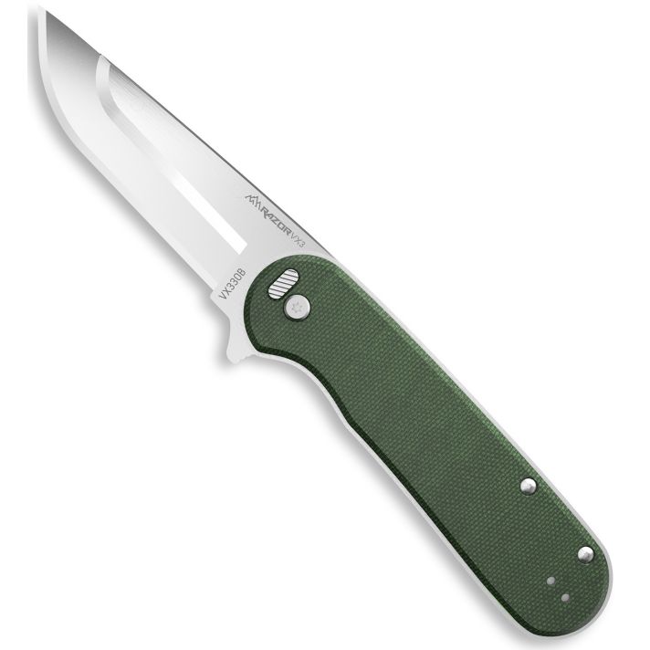 Outdoor Edge VX330B Razor VX3 EDC 3" Folding Drop Point Plain Satin 420J2 SS Blade, Green Micarta Handle