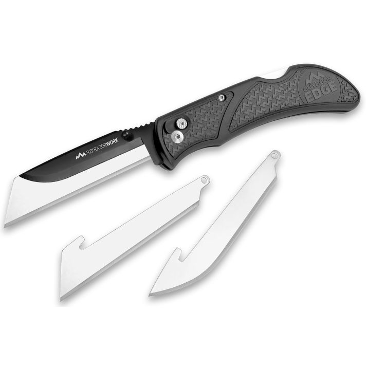Outdoor Edge RW3060C RazorWork3" Folding Drop Point/Utility Plain/Gut Hook Black Satin 420J2 SS Blade, Gray Nonslip Gray Grivory w/TPR Inserts Handle